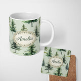 Personalized Custom Name Watercolor Pine Tree Forest Seamless Pattern Sage Green Background 11oz Ceramic Coffee Tea Mug White Large Handle