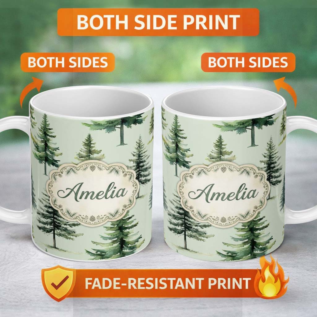 Personalized Custom Name Watercolor Pine Tree Forest Seamless Pattern Sage Green Background 11oz Ceramic Coffee Tea Mug White Large Handle