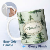 Personalized Custom Name Watercolor Pine Tree Forest Seamless Pattern Sage Green Background 11oz Ceramic Coffee Tea Mug White Large Handle