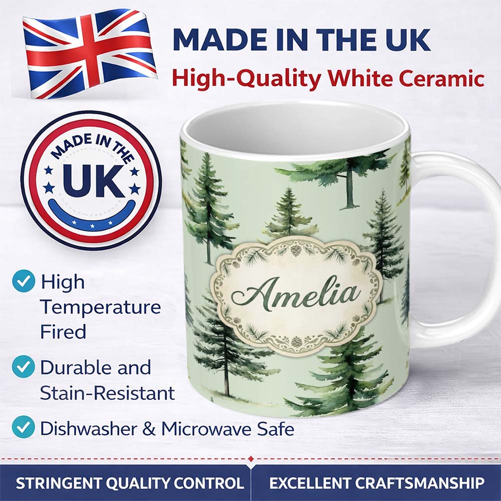 Personalized Custom Name Watercolor Pine Tree Forest Seamless Pattern Sage Green Background 11oz Ceramic Coffee Tea Mug White Large Handle