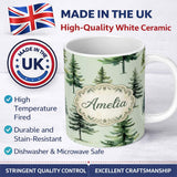 Personalized Custom Name Watercolor Pine Tree Forest Seamless Pattern Sage Green Background 11oz Ceramic Coffee Tea Mug White Large Handle