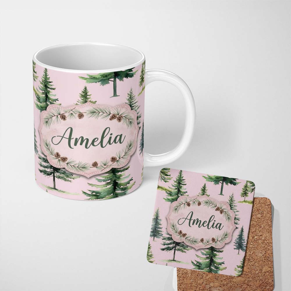 Personalized Custom Name Watercolor Pine Tree Forest Seamless Pattern Blush Pink Background 11oz Ceramic Coffee Tea Mug White Large Handle