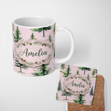 Personalized Custom Name Watercolor Pine Tree Forest Seamless Pattern Blush Pink Background 11oz Ceramic Coffee Tea Mug White Large Handle