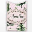 Watercolor Pine Tree Forest Seamless Pattern Blush Pink Background  Personalised Custom Name Super Soft Fleece Blanket Bed Sofa Throw