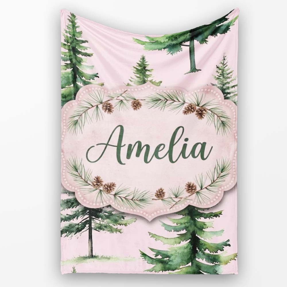 Watercolor Pine Tree Forest Seamless Pattern Blush Pink Background  Personalised Custom Name Super Soft Fleece Blanket Bed Sofa Throw