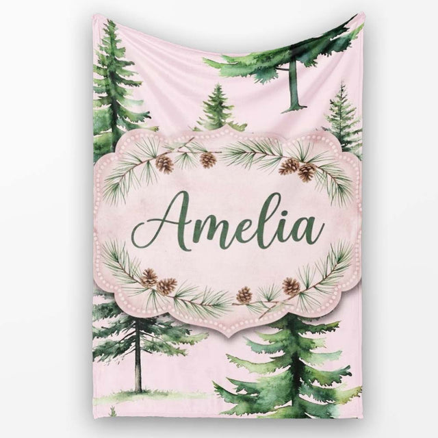 Watercolor Pine Tree Forest Seamless Pattern Blush Pink Background  Personalised Custom Name Super Soft Fleece Blanket Bed Sofa Throw