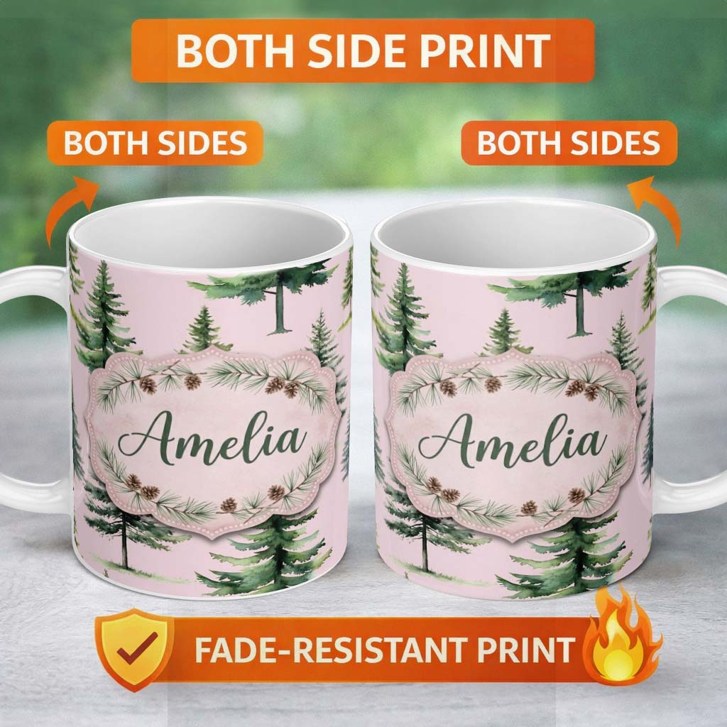 Personalized Custom Name Watercolor Pine Tree Forest Seamless Pattern Blush Pink Background 11oz Ceramic Coffee Tea Mug White Large Handle