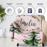 Watercolor Pine Tree Forest Seamless Pattern Blush Pink Background  Personalised Custom Name Super Soft Fleece Blanket Bed Sofa Throw