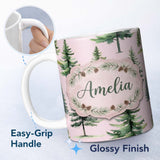 Personalized Custom Name Watercolor Pine Tree Forest Seamless Pattern Blush Pink Background 11oz Ceramic Coffee Tea Mug White Large Handle