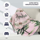 Watercolor Pine Tree Forest Seamless Pattern Blush Pink Background  Personalised Custom Name Super Soft Fleece Blanket Bed Sofa Throw