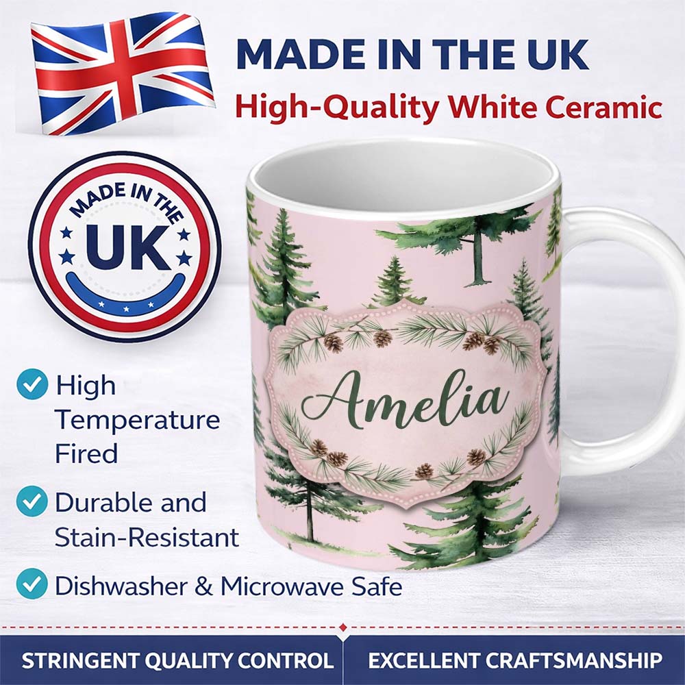 Personalized Custom Name Watercolor Pine Tree Forest Seamless Pattern Blush Pink Background 11oz Ceramic Coffee Tea Mug White Large Handle