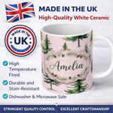Personalized Custom Name Watercolor Pine Tree Forest Seamless Pattern Blush Pink Background 11oz Ceramic Coffee Tea Mug White Large Handle