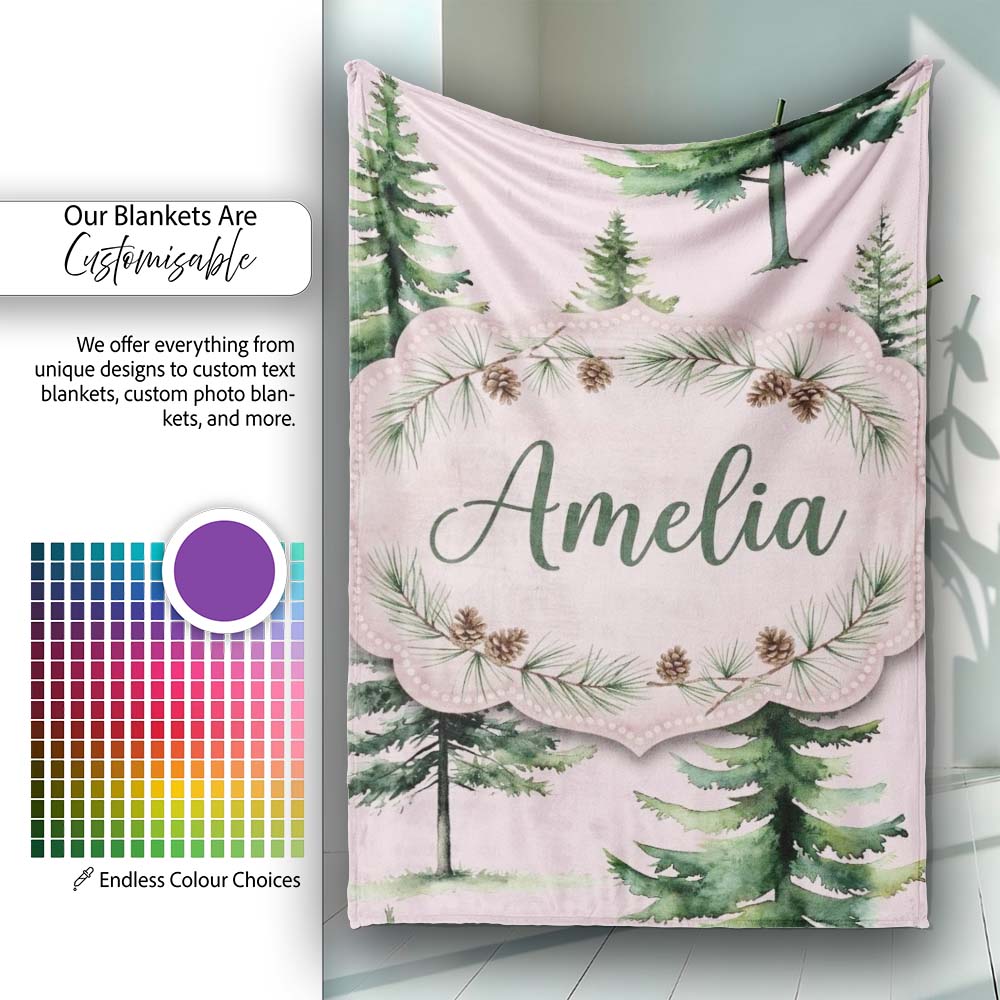 Watercolor Pine Tree Forest Seamless Pattern Blush Pink Background  Personalised Custom Name Super Soft Fleece Blanket Bed Sofa Throw