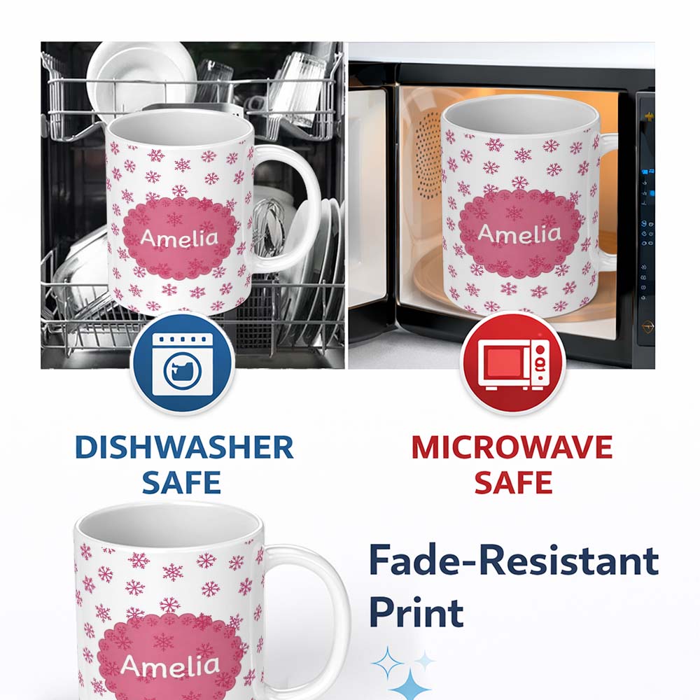 Personalized Custom Name Simple Pink Snowflake Polka Dot Winter Seamless Pattern Lovely 11oz Ceramic Coffee Tea Mug White Large Handle
