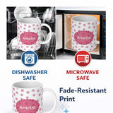 Personalized Custom Name Simple Pink Snowflake Polka Dot Winter Seamless Pattern Lovely 11oz Ceramic Coffee Tea Mug White Large Handle