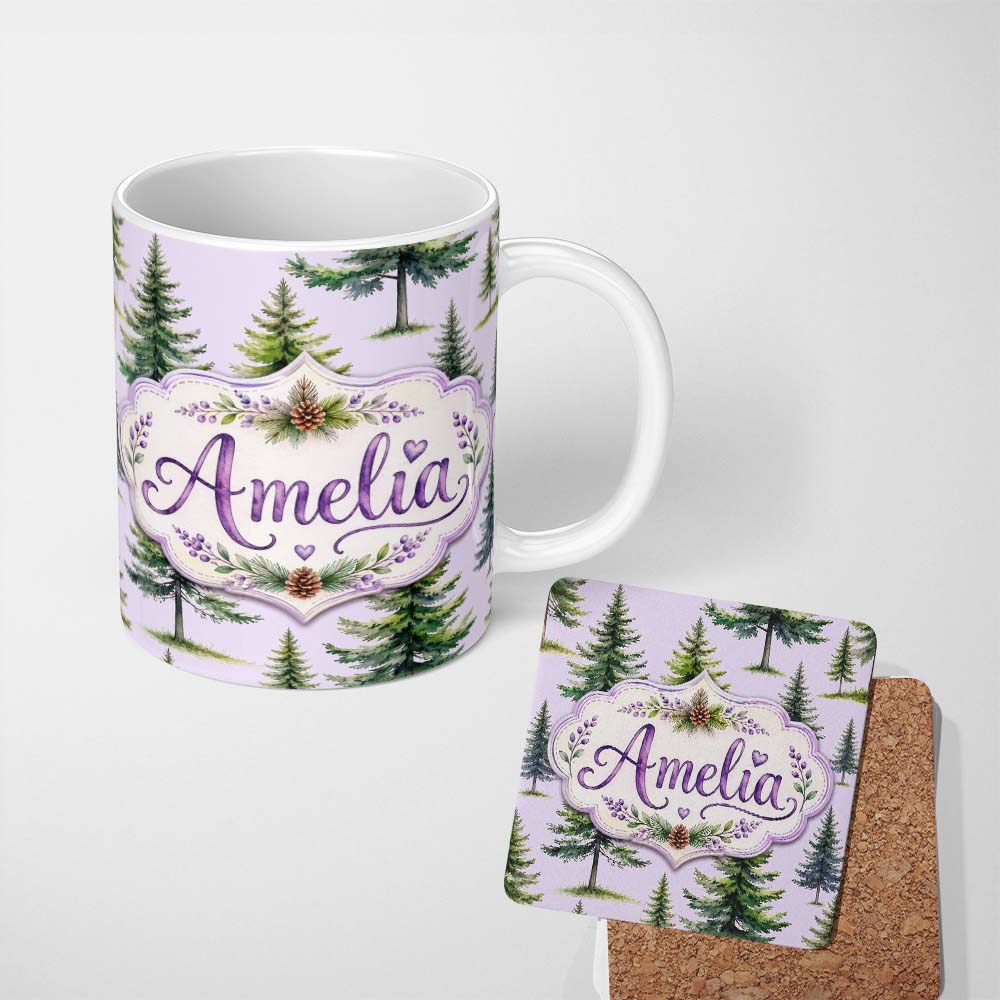 Personalized Custom Name Watercolor Pine Tree Forest Seamless Pattern Lavendar Background 11oz Ceramic Coffee Tea Mug White Large Handle