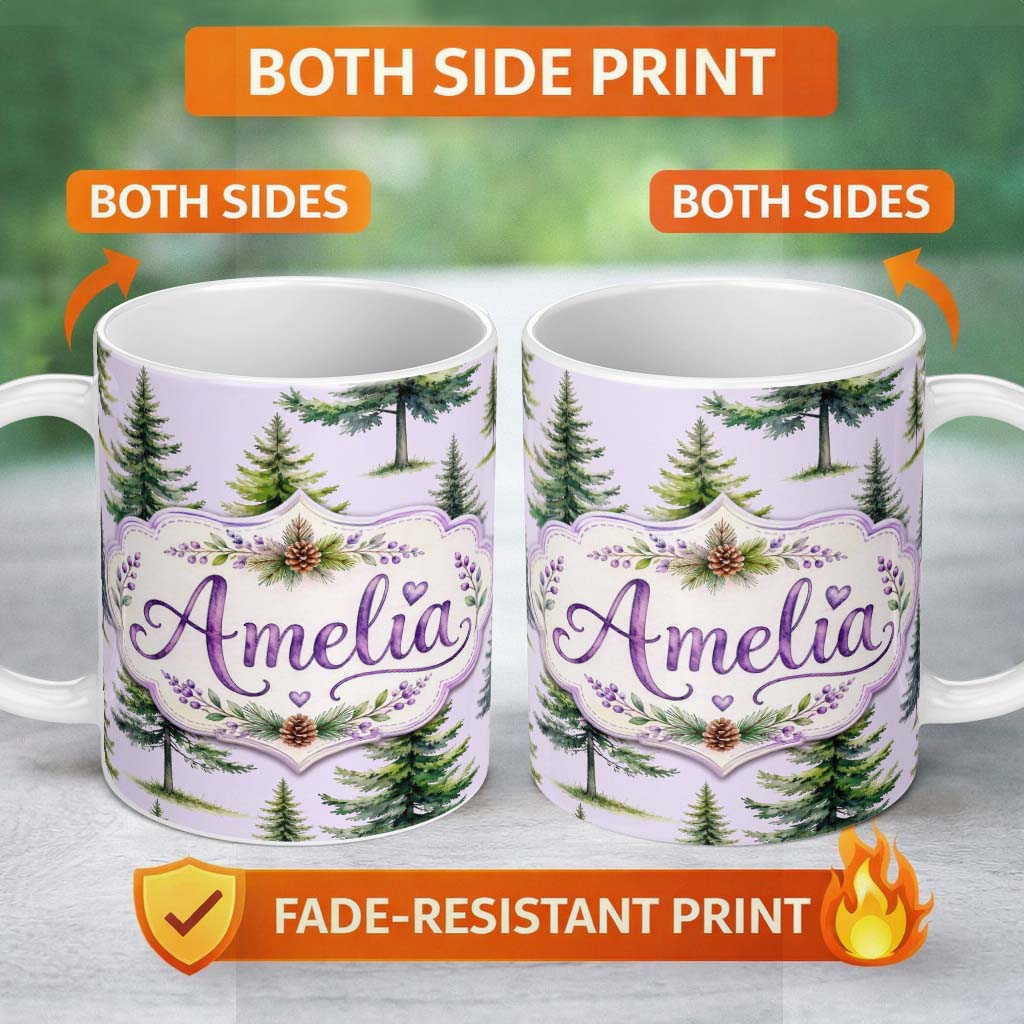 Personalized Custom Name Watercolor Pine Tree Forest Seamless Pattern Lavendar Background 11oz Ceramic Coffee Tea Mug White Large Handle
