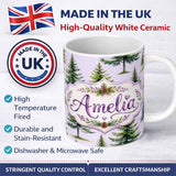 Personalized Custom Name Watercolor Pine Tree Forest Seamless Pattern Lavendar Background 11oz Ceramic Coffee Tea Mug White Large Handle