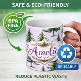 Personalized Custom Name Watercolor Pine Tree Forest Seamless Pattern Lavendar Background 11oz Ceramic Coffee Tea Mug White Large Handle