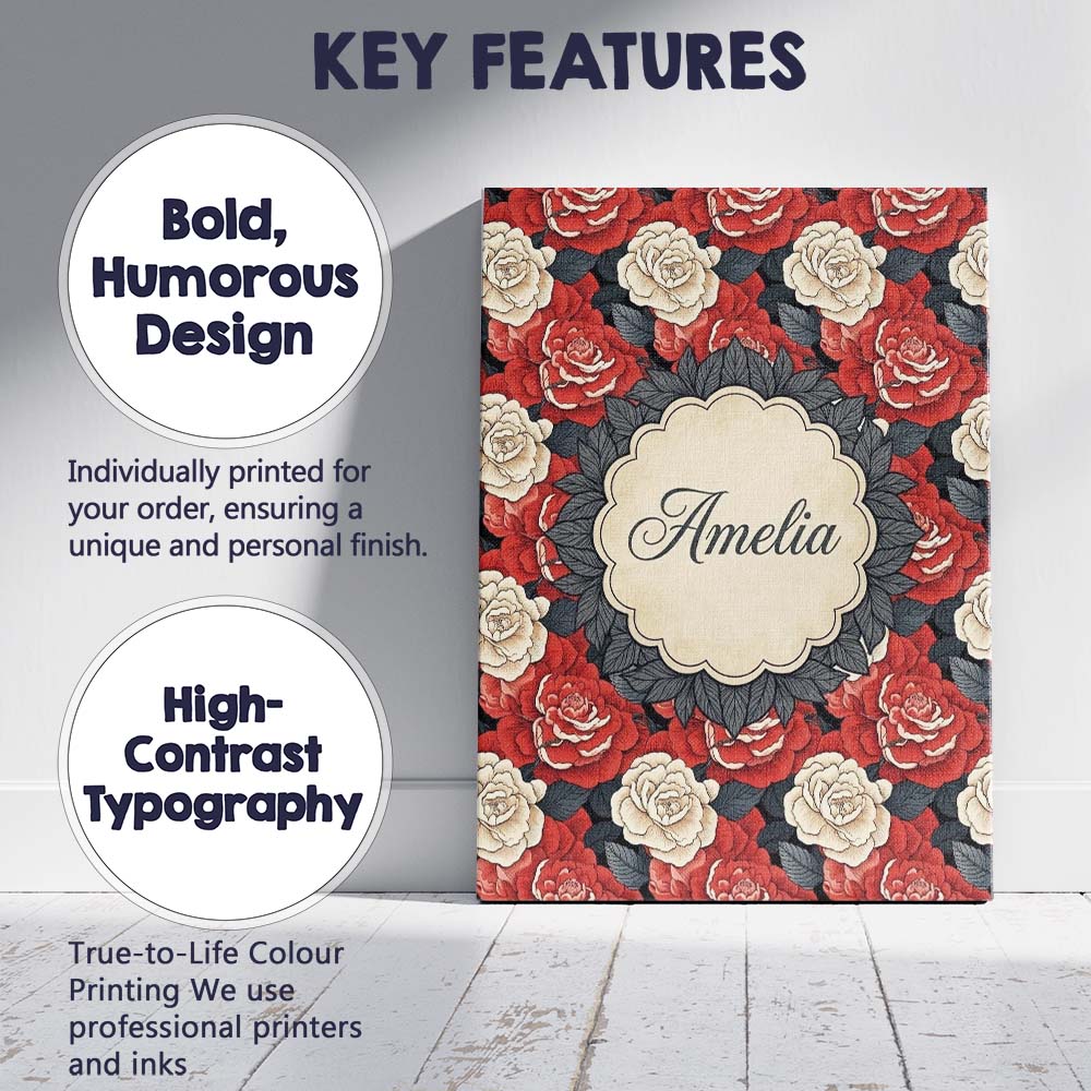 Personalised Name Classic Red and Ivory Rose Dense Floral Seamless Custom  Unique Canvas Wall Art Print Decor Picture Ready to Hang