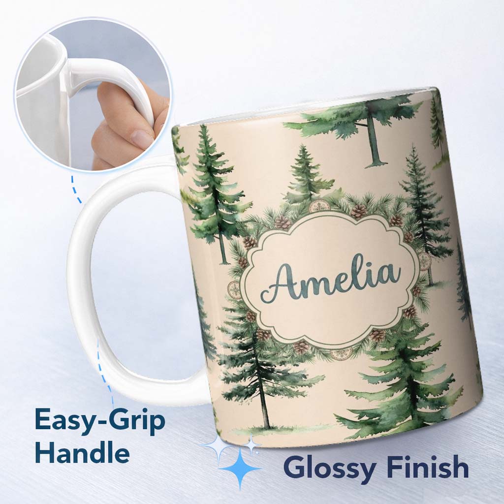 Personalized Custom Name Watercolor Pine Tree Forest Seamless Pattern Warm Background Name 11oz Ceramic Coffee Tea Mug White Large Handle