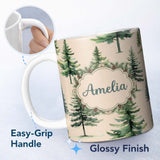 Personalized Custom Name Watercolor Pine Tree Forest Seamless Pattern Warm Background Name 11oz Ceramic Coffee Tea Mug White Large Handle