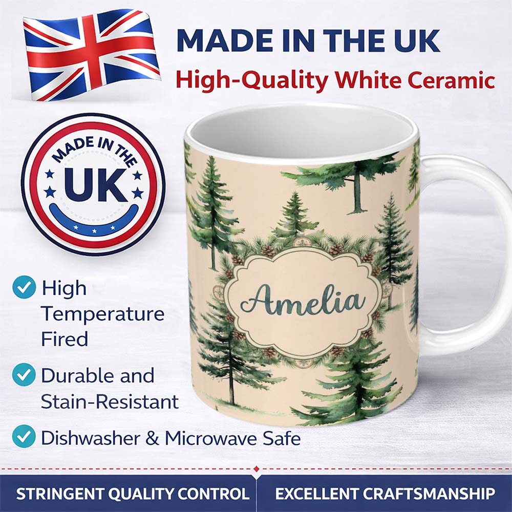 Personalized Custom Name Watercolor Pine Tree Forest Seamless Pattern Warm Background Name 11oz Ceramic Coffee Tea Mug White Large Handle