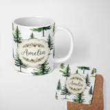 Personalized Custom Name Watercolor Pine Tree Forest Seamless Pattern Off White Background 11oz Ceramic Coffee Tea Mug White Large Handle