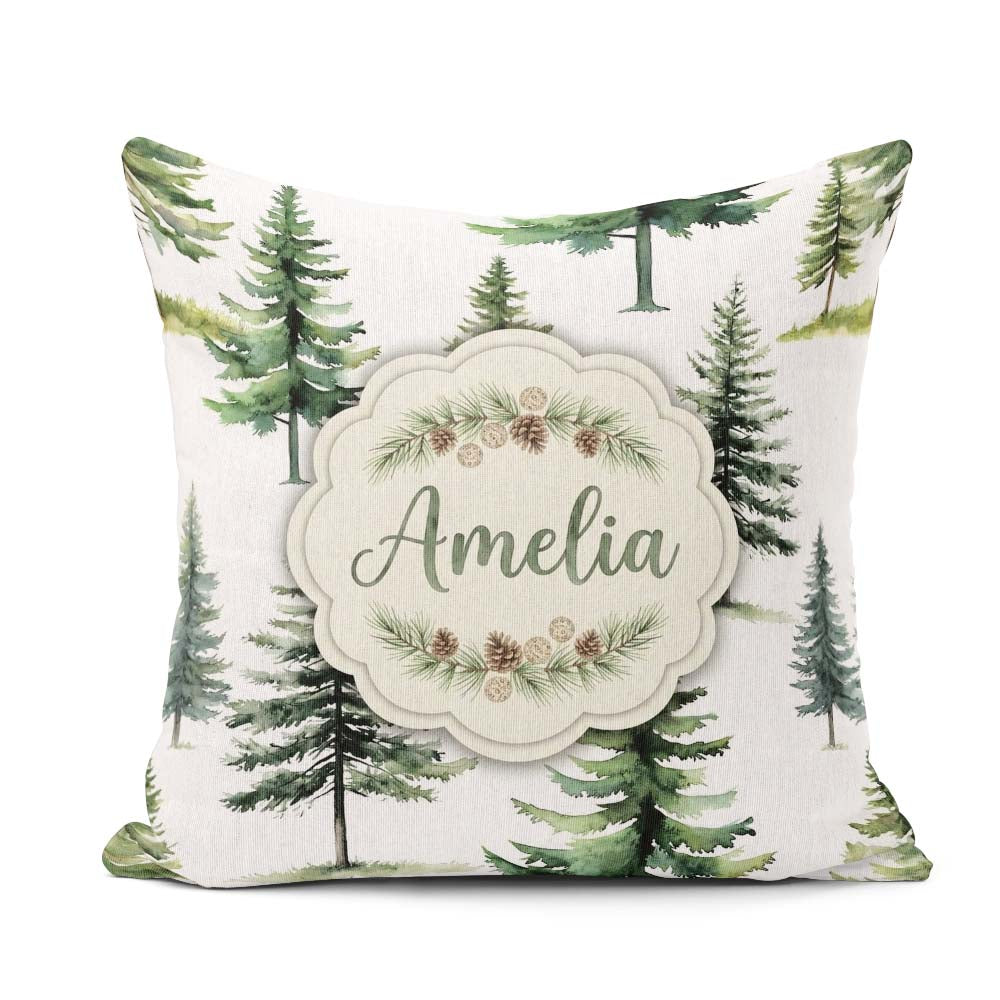 Custom Name Watercolor Pine Tree Seamless Pattern Off Background Square Filled Cushion Throw Pillow Sofa Bed Home Decor Zip Washable UK Made