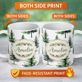 Personalized Custom Name Watercolor Pine Tree Forest Seamless Pattern Off White Background 11oz Ceramic Coffee Tea Mug White Large Handle