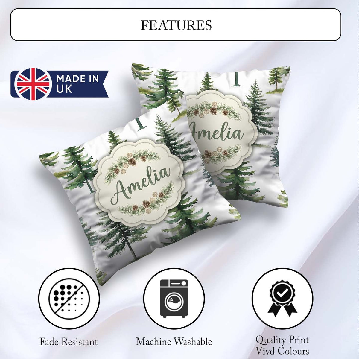 Custom Name Watercolor Pine Tree Seamless Pattern Off Background Square Filled Cushion Throw Pillow Sofa Bed Home Decor Zip Washable UK Made