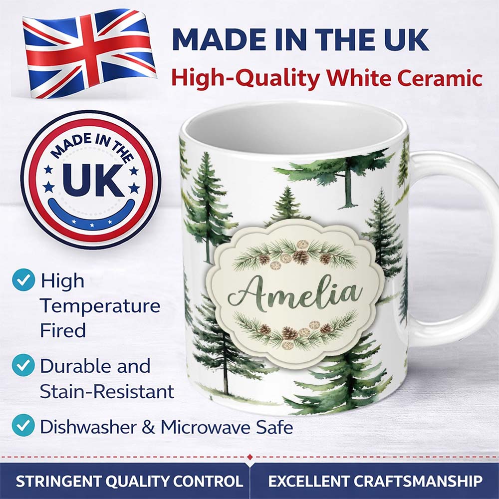Personalized Custom Name Watercolor Pine Tree Forest Seamless Pattern Off White Background 11oz Ceramic Coffee Tea Mug White Large Handle
