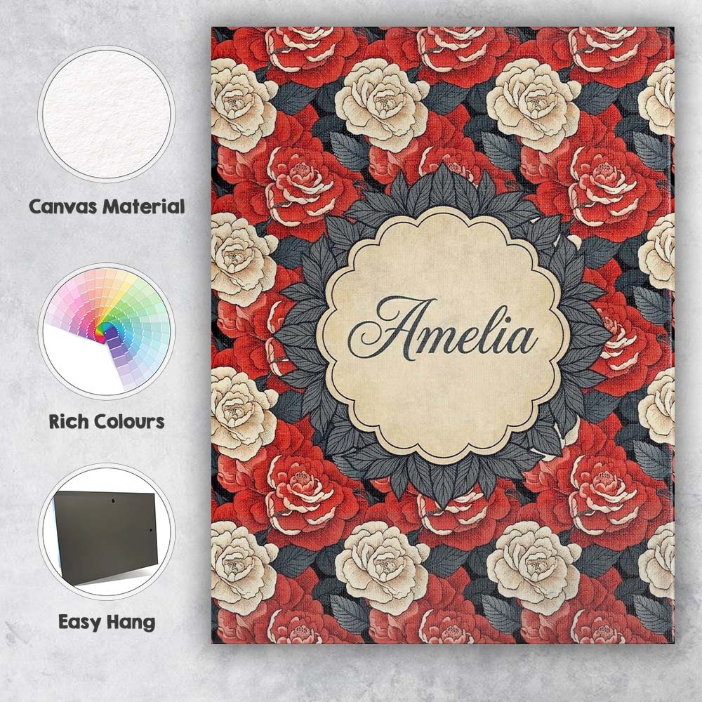 Personalised Name Classic Red and Ivory Rose Dense Floral Seamless Custom  Unique Canvas Wall Art Print Decor Picture Ready to Hang