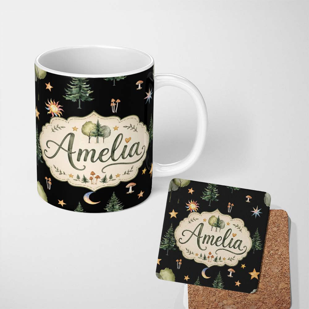 Personalized Custom Name Watercolor Forest Trees Mushrooms Sun Moon Stars Seamless Pattern 11oz Ceramic Coffee Tea Mug White Large Handle