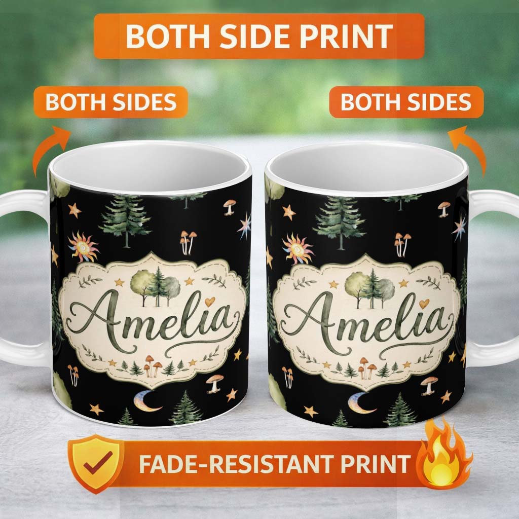 Personalized Custom Name Watercolor Forest Trees Mushrooms Sun Moon Stars Seamless Pattern 11oz Ceramic Coffee Tea Mug White Large Handle