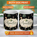 Personalized Custom Name Watercolor Forest Trees Mushrooms Sun Moon Stars Seamless Pattern 11oz Ceramic Coffee Tea Mug White Large Handle