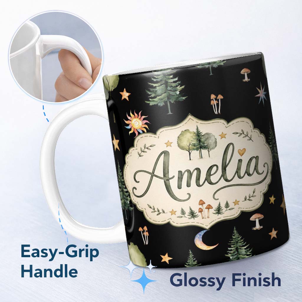 Personalized Custom Name Watercolor Forest Trees Mushrooms Sun Moon Stars Seamless Pattern 11oz Ceramic Coffee Tea Mug White Large Handle