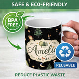 Personalized Custom Name Watercolor Forest Trees Mushrooms Sun Moon Stars Seamless Pattern 11oz Ceramic Coffee Tea Mug White Large Handle