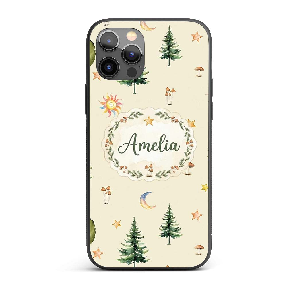 Watercolor Forest Trees Mushrooms Sun Moon Stars Custom Name Protective Phone Case Mobile Cover Durable Everyday Smartphone Shock Resistant