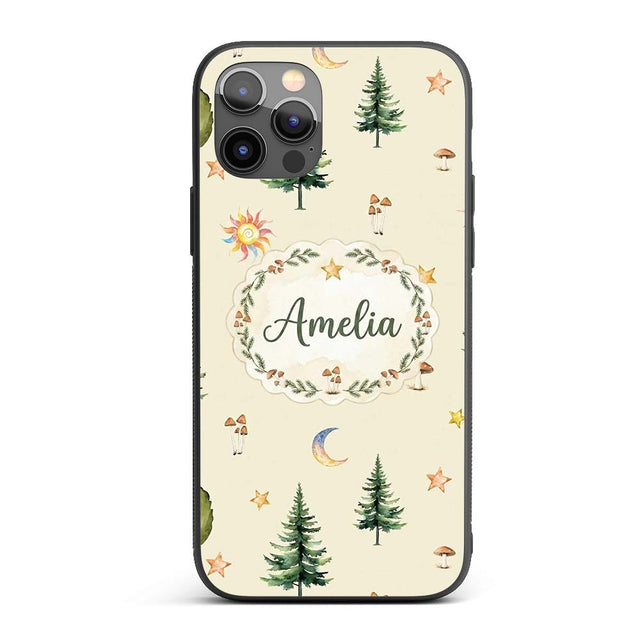 Watercolor Forest Trees Mushrooms Sun Moon Stars Custom Name Protective Phone Case Mobile Cover Durable Everyday Smartphone Shock Resistant