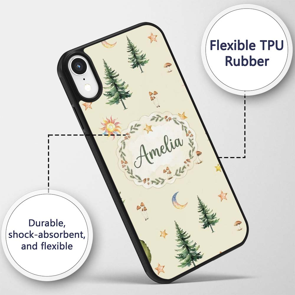 Watercolor Forest Trees Mushrooms Sun Moon Stars Custom Name Protective Phone Case Mobile Cover Durable Everyday Smartphone Shock Resistant