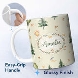 Personalized Custom Name Watercolor Forest Trees Mushrooms Sun Moon Stars Seamless Pattern 11oz Ceramic Coffee Tea Mug White Large Handle