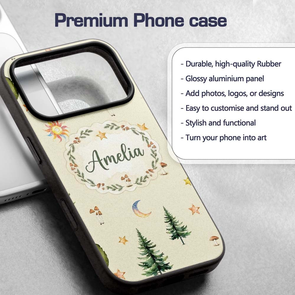Watercolor Forest Trees Mushrooms Sun Moon Stars Custom Name Protective Phone Case Mobile Cover Durable Everyday Smartphone Shock Resistant