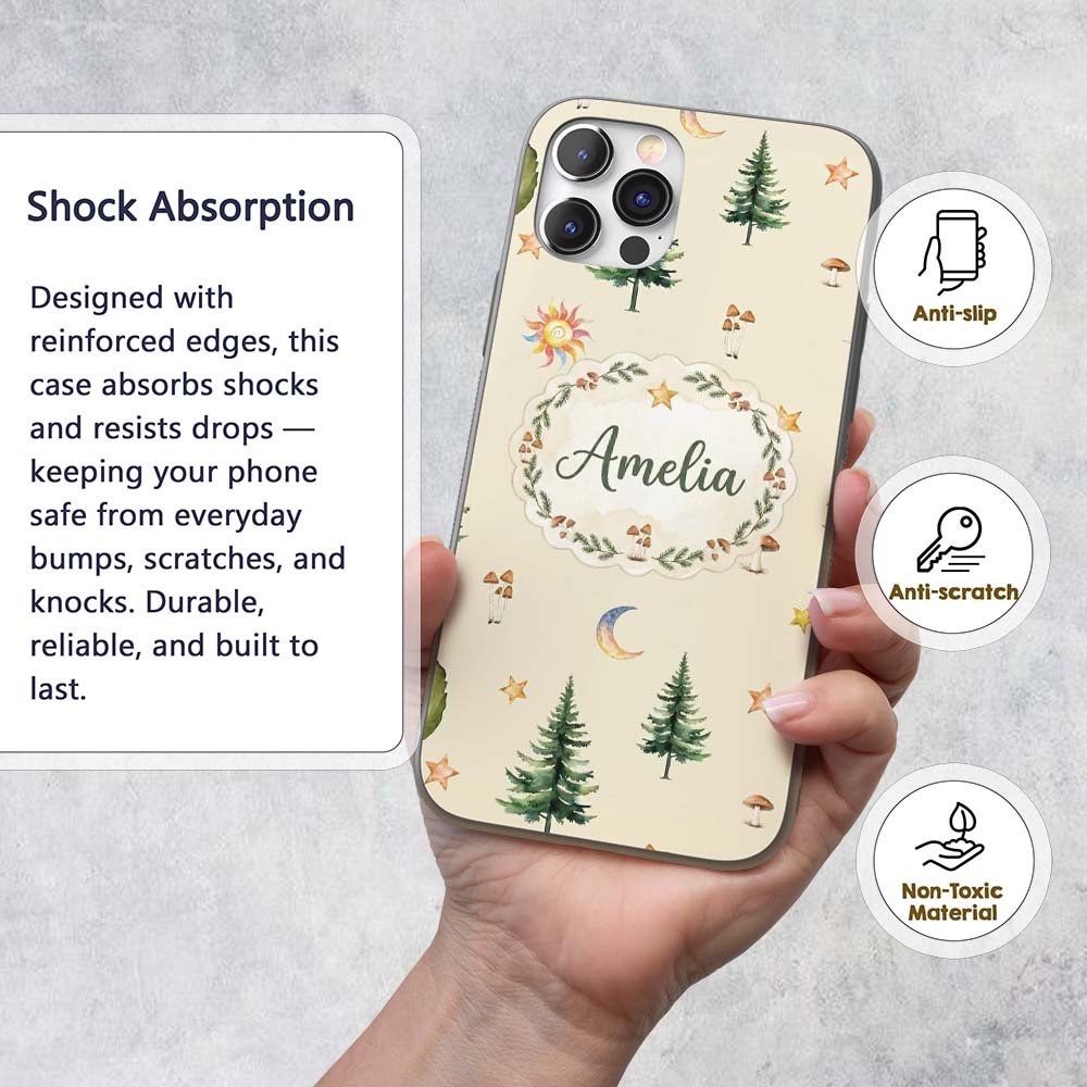 Watercolor Forest Trees Mushrooms Sun Moon Stars Custom Name Protective Phone Case Mobile Cover Durable Everyday Smartphone Shock Resistant
