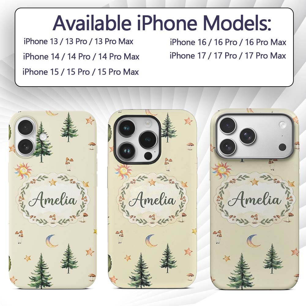 Watercolor Forest Trees Mushrooms Sun Moon Stars Custom Name Protective Phone Case Mobile Cover Durable Everyday Smartphone Shock Resistant