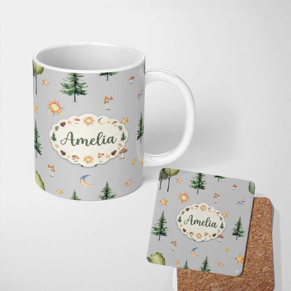 Personalized Custom Name Watercolor Forest Trees Mushrooms Sun Moon Stars Seamless Pattern 11oz Ceramic Coffee Tea Mug White Large Handle