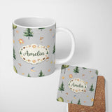 Personalized Custom Name Watercolor Forest Trees Mushrooms Sun Moon Stars Seamless Pattern 11oz Ceramic Coffee Tea Mug White Large Handle
