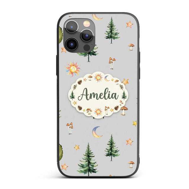 Watercolor Forest Trees Mushrooms Sun Moon Stars Custom Name Protective Phone Case Mobile Cover Durable Everyday Smartphone Shock Resistant