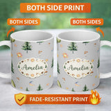 Personalized Custom Name Watercolor Forest Trees Mushrooms Sun Moon Stars Seamless Pattern 11oz Ceramic Coffee Tea Mug White Large Handle