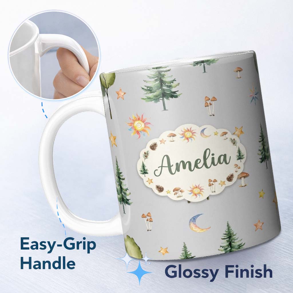Personalized Custom Name Watercolor Forest Trees Mushrooms Sun Moon Stars Seamless Pattern 11oz Ceramic Coffee Tea Mug White Large Handle